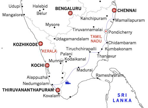 Carte du voyage en Groupe dans le Tamil Nadu et le Kerala