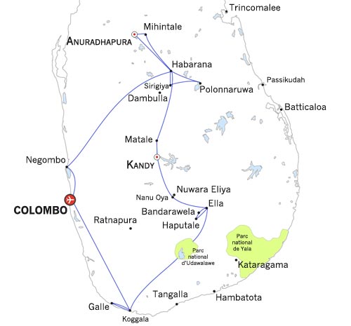 Carte du circuit Sri Lanka 12 jours - Le Monde en Rendez-Vous