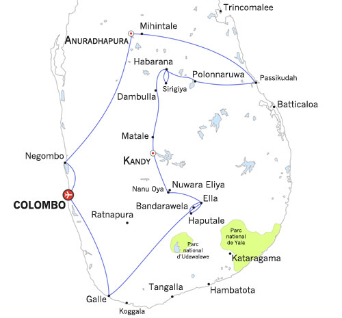 Carte du circuit Sri Lanka 14 jours - Le Monde en Rendez-Vous