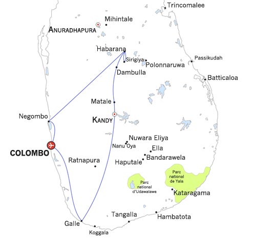 Carte du circuit Sri Lanka 9 jours - Le Monde en Rendez-Vous